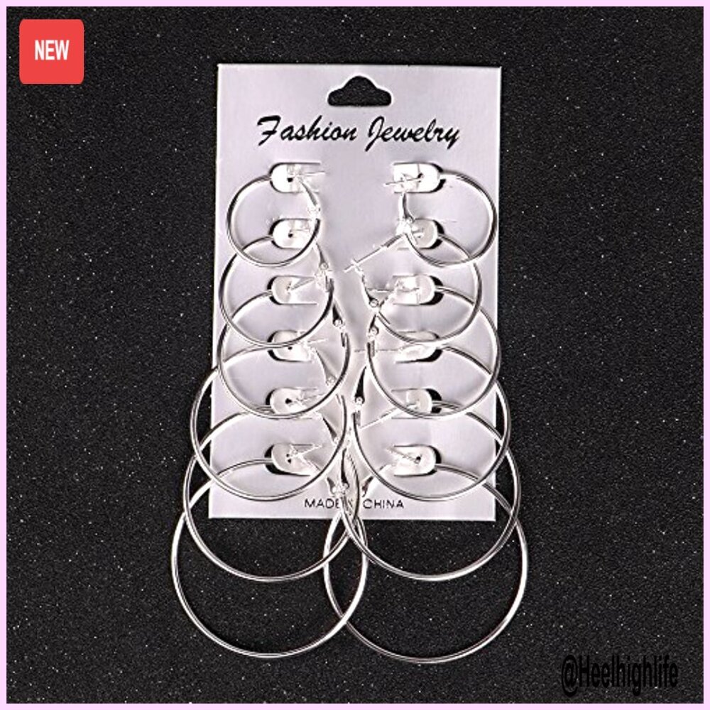 6 Pair Hoop Earring Set Stainless Steel Studs Women's Jewelry Silver Tone - Picture 3 of 4